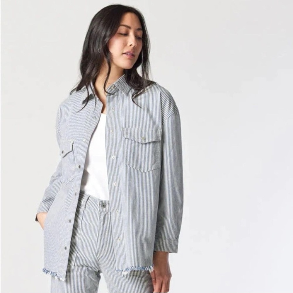 MAVI Woman Striped Denim Relax Fit Cotton Button-Up Shirt SMALL Western Grunge